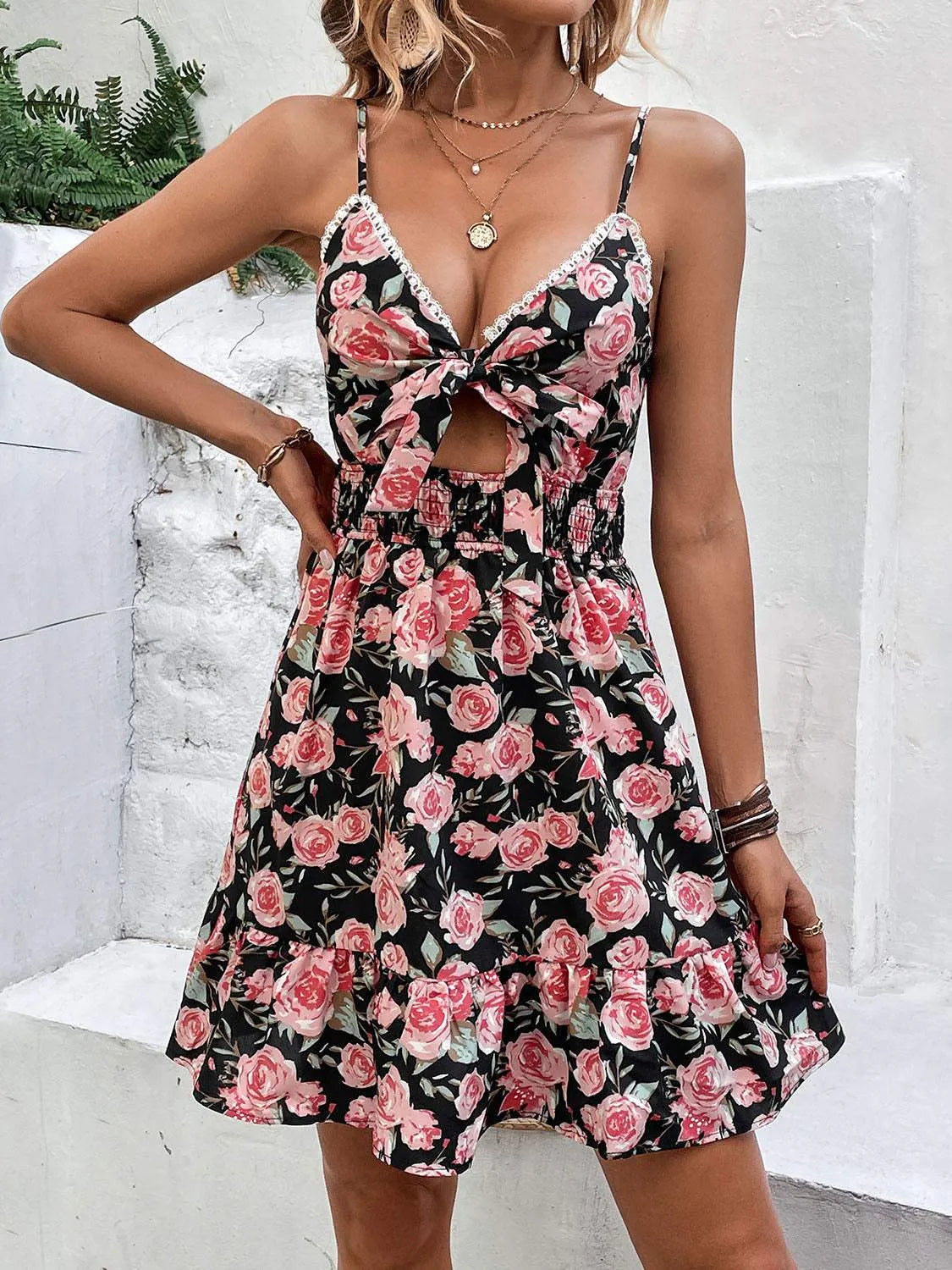 Tied Rose Print Spaghetti Strap Dress Casual Dresses - Tophatter Daily Deals